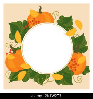 Fall circle template frame background with pumpkins and autumn leaves with balnk space for text. Template banner, card in cozy autumn style. Flat cart Stock Vector