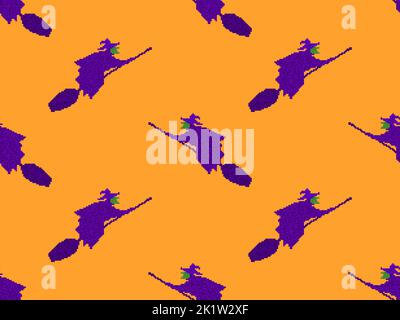 Seamless pattern with witch is flying on a broom in pixel art style. Flying witch on the background of the moon in 8-bit 90s video game style in 2D. V Stock Vector