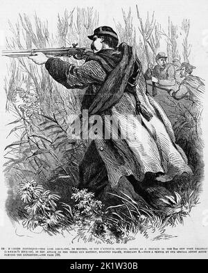 The Burnside Expedition - The Late Lieutenant Colonel De Monteil of the D'Epineuil Zouaves, acting as a private in the 9th New York Regiment (Hawkins' Zouaves), in the attack on the three gun battery, Roanoke Island, North Carolina, February 8th, 1862. 19th century American Civil War illustration from Frank Leslie's Illustrated Newspaper Stock Photo