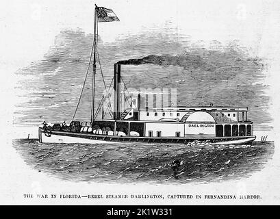 The War in Florida - Rebel steamer Darlington, captured in Fernandina Harbor. March 1862. 19th century American Civil War illustration from Frank Leslie's Illustrated Newspaper Stock Photo