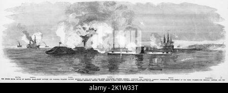 The second naval battle in Hampton Roads - Fight between the National floating battery Monitor, of two guns, and the Rebel iron-plated steamers Merrimac, Yorktown and Jamestown, carrying twenty-four guns - Defeat of the Rebel steamers - The Merrimack crippled, and the frigate Minnesota rescued, March 9th, 1862. Battle of Hampton Roads, Virginia. 19th century American Civil War illustration from Frank Leslie's Illustrated Newspaper Stock Photo