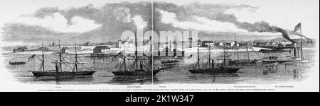 The War in Florida - View of New Fernandina, the Atlantic terminus of the Fernandina and Cedar Keys Railway, occupied by the National land forces under Commodore Samuel Francis Du Pont and General Horatio Gouverneur Wright, March 2nd and 3rd, 1862 - Pawnee, Mohican, Belvidere, Darlington. 19th century American Civil War illustration from Frank Leslie's Illustrated Newspaper Stock Photo