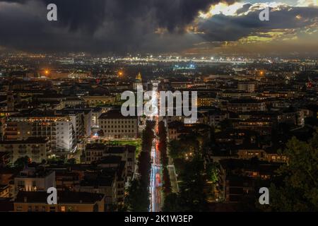 Bergamo illuminated in the evening after sunset Stock Photo