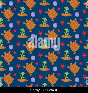 Sea turtle, sea, starfish - childrens pattern. Vector illustration on a dark background. For covers and prints, packaging materials and textiles. Stock Vector
