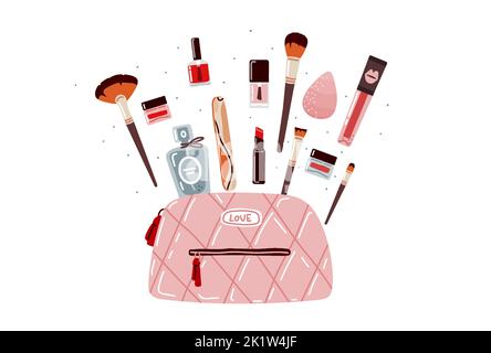 Makeup bag with decorative cosmetics on white background.Flat illustration Stock Vector