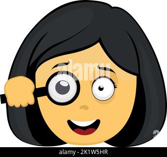 Vector emoji illustration of a cartoon yellow woman looking through a magnifying glass Stock Vector