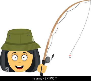 Vector emoji illustration of a cartoon fisher woman with a hat and a fishing rod in her hand Stock Vector