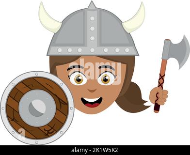 Vector illustration of the face of a viking woman with a helmet, shield and ax in hand Stock Vector
