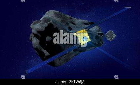 DART satellite very close to impacting the asteroid DIMORPHOS to deflect its orbit against a blue galaxy background. 3D Illustration Stock Photo