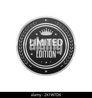 Limited edition silver badge and label with laurel and crown. Authenticity warranty platinum tag, premium product certificate glossy metal vector label or seal. Quality guarantee silver badge or icon Stock Vector