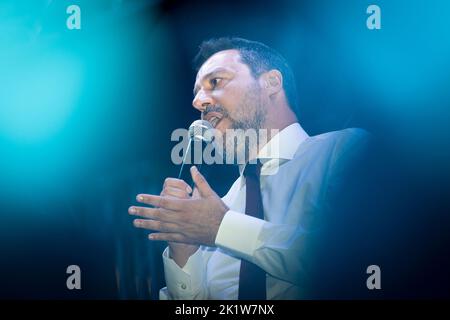 Turin, Italy. 20 September 2022. Matteo Salvini, leader of Italian right party Lega (League), speaks during a rally as part of the campaign for general elections. Italians head to the polls for general elections on September 25. Credit: Nicolò Campo/Alamy Live News Stock Photo