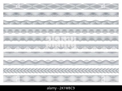 Guilloche borders, bank money, diploma and certificate security frame border pattern. Vector decoration elements, banknote security watermarks, seamless bordering for official document protection Stock Vector