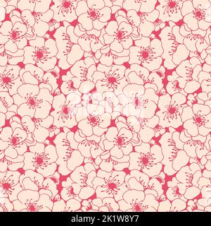 Stylized apple tree flowers line art seamless pattern. Summer vector flowers pattern. Vector endless illustration. Stock Vector