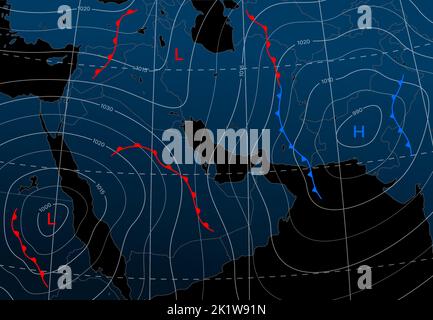 Forecast weather night isobar map of middle east. Wind front, temperature diagram. Vector meteorological topography, cartography generic background with red or blue lines, circles, relief, dark fields Stock Vector