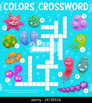 Cartoon viruses, microbes and germs crossword worksheet, find a word quiz game with pathogen cells. Vector search puzzle riddle for children education and learning activity. Crossword test Stock Vector