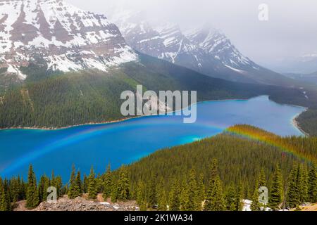 Rainbow over Peyto Lake; Banff National Park; Alberta; Canada Stock Photo