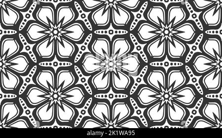Seamless flower pattern. Abstract geometric floral black and white texture. Vintage fashion fabric ornament, carpet, wallpaper, packaging wrapping paper print. Monochrome lace hexagonal tile design Stock Vector