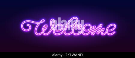 Welcome neon light calligraphic banner. Advertising ultraviolet extra glowing bright signboard title. Night club illuminated led line tube lights. Fluorescent inscription glow lamp editable stroke Stock Vector