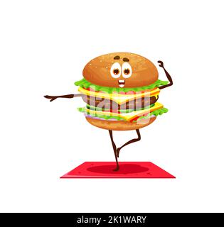 Cartoon cheeseburger character on yoga fitness. Happy smiling fast food sandwich or burger vector personage. Cheerful cheeseburger or hamburger cute character doing exercises on fitness mat Stock Vector