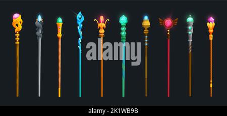 Magic staff set, wizard sorcerer and magician cartoon vector wands or sticks. Fantasy game magic staff, stick weapon or wizard scepter, RPG UI magician wands and sticks and power canes with crystals Stock Vector