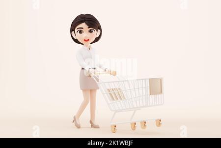 Cartoon girl with shopping cart, 3d rendering. Computer digital drawing. Stock Photo
