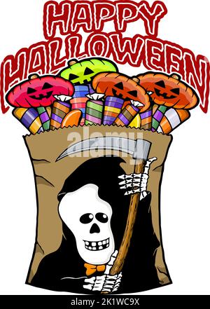 Happy halloween design with a candy sack reaper Stock Vector