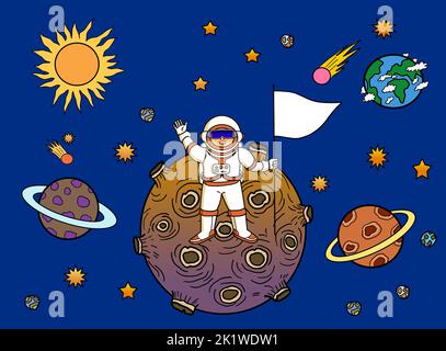 Virtual reality astronaut in space universe. A person wearing VR eye glasses headset holding a white flag, standing on a planet. Metaverse futuristic Stock Photo