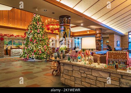 Christmas decor at Jasper Park Lodge, Jasper National Park, Alberta, Canada.