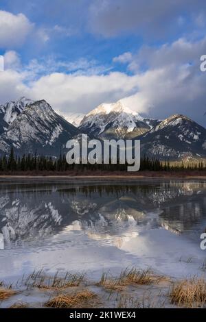 Mountain scenic reflections along Highway 16 near Jasper, Jasper National Park, Alberta, Canada.