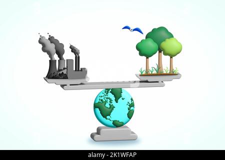 The world balancing industry and nature on a scale, 3D illustration, industry environmental balance concept Cop27 Stock Photo