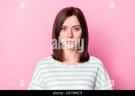 Closeup photo of young attractive cute woman look you serious leader chief boss isolated on pink color background Stock Photo