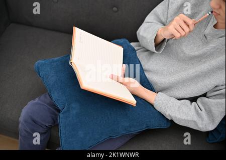 Chill young Asian man writing his diary while relaxing in his comfortable living room. above view. Stock Photo