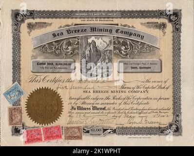 Genuine Stock Certificate from an Early Alaska Mining Company - USA Stock Photo