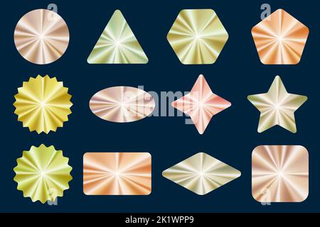Holographic stickers set. Golden label gradient stamps. Metal texture badges. Iridescent rainbow foil in different geometric shapes. Vector neon Stock Vector