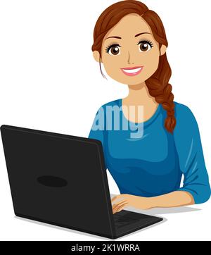 Illustration of Hispanic Teen Girl Student Using Laptop Stock Photo