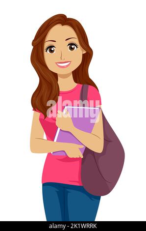 Illustration of Hispanic Teen Girl Student with School Bag and Holding Book Stock Photo