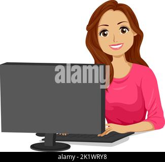 Illustration of Hispanic Teen Girl Student Using Computer Stock Photo