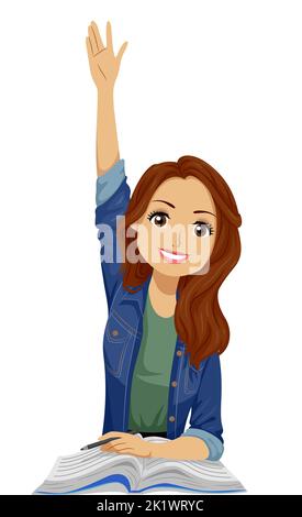 Illustration of Hispanic Teen Girl Student with a Book, Holding a Pen and Raising Her Hand in Class Stock Photo