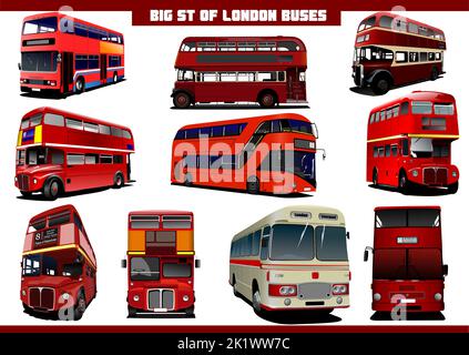 Big set of London double Decker  sightseeing red bus. Vector 3d illustration Stock Vector