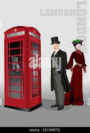 Gentleman, lady and red London phone booth. 3d color vector illustration Stock Vector