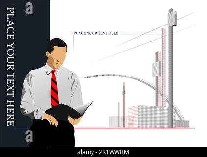 Businessman reading a book on modern city background. 3d vector color illustration Stock Vector