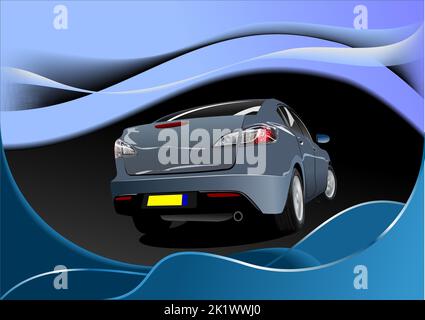 Dark gray  sedan car on abstract background. Rear view. Vector Colored 3d illustration Stock Vector