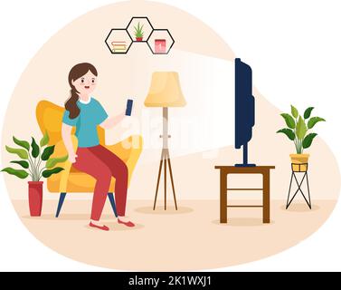 TV Channel Template Hand Drawn Cartoon Flat Illustration Home Entertainment for Watching Movie, Action Film or Breaking News in Television Stock Vector