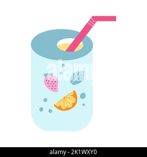 Retro carbonated drink, canned soda in cartoon flat style. Vector illustration of soft non alcoholic drinks in 1990s style. Stock Vector