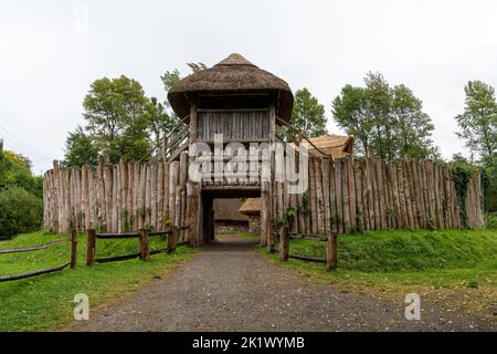 Wexford, Ireland - 18 August, 2022: view of a reconstructed early medieval ringfort in the Irish National heritage Park Stock Photo