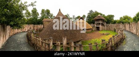 Wexford, Ireland - 18 August, 2022: panorama view of a reconstructed early medieval ringfort in the Irish National heritage Park Stock Photo