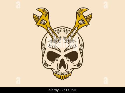 Wrench tool on skull retro vintage line art design Stock Vector