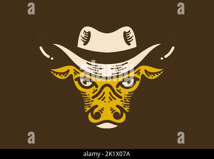 Bull head with cowboy hat retro vintage line art design Stock Vector