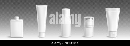 White bottles and tubes for cosmetic, cream, lotion and gel. Vector realistic mock up of 3d cosmetic package, blank containers with plastic clear caps isolated on transparent background Stock Vector