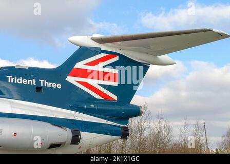 Ex-British European Airways Trident 3B (G-AWZK) preserved at Manchester Airport, United Kingdom, UK Stock Photo